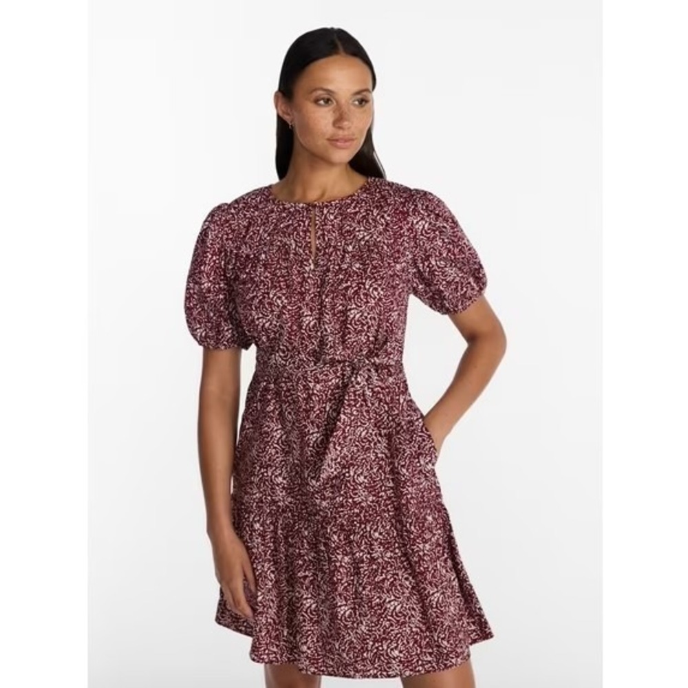 TIME & TRU Cotton Mini Dress with Puff Sleeves XXXL (22) Burgundy White 3XL NWT